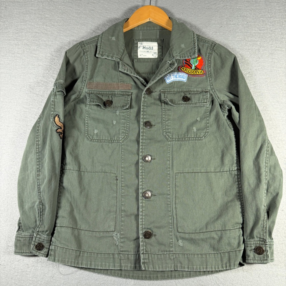 Mudd Womens XS Olive Green Herringbone Utility Jacket Patches Distressed Cotton
